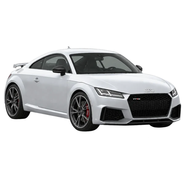 Audi TT RS 2018 باللون فضي، منظر منظر أمامي بزاوية ثلاثة أرباع (متجه لليسار)