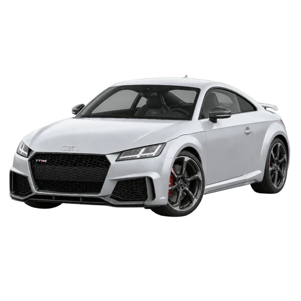 Audi TT RS 2019 باللون فضي، منظر منظر أمامي بزاوية ثلاثة أرباع (متجه لليسار)