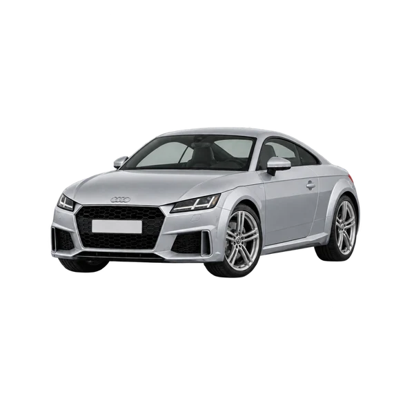 Audi TTS 2024 باللون فضي، منظر منظر أمامي بزاوية ثلاثة أرباع (متجه لليسار)