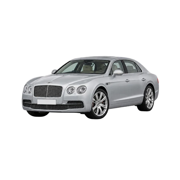 Bentley Flying 2016 باللون فضي، منظر منظر أمامي بزاوية ثلاثة أرباع (متجه لليسار)
