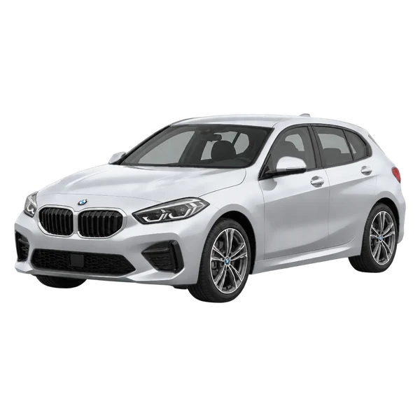 BMW 118D 2025 prata, vista dianteira em três quartos (voltada para a esquerda)