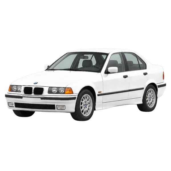 BMW 3-Serie 1990 branco, vista dianteira em três quartos (voltada para a esquerda)