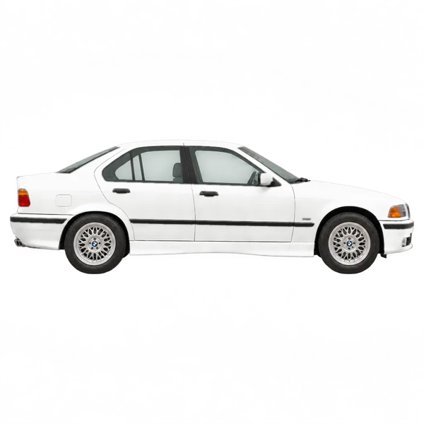 BMW 3-Serie 1990 branco, vista lateral (voltada para a direita)
