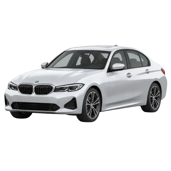 BMW 320 2024 باللون فضي، منظر منظر أمامي بزاوية ثلاثة أرباع (متجه لليسار)