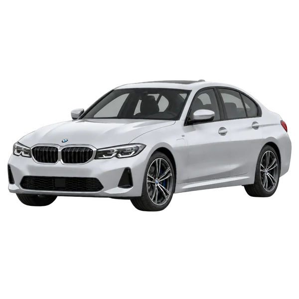 2025 BMW 330e in Silber, Ansicht: Dreiviertelansicht vorne (nach links gerichtet)