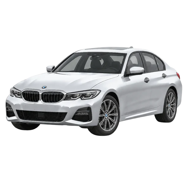 BMW 330i 2019 باللون فضي، منظر منظر أمامي بزاوية ثلاثة أرباع (متجه لليسار)