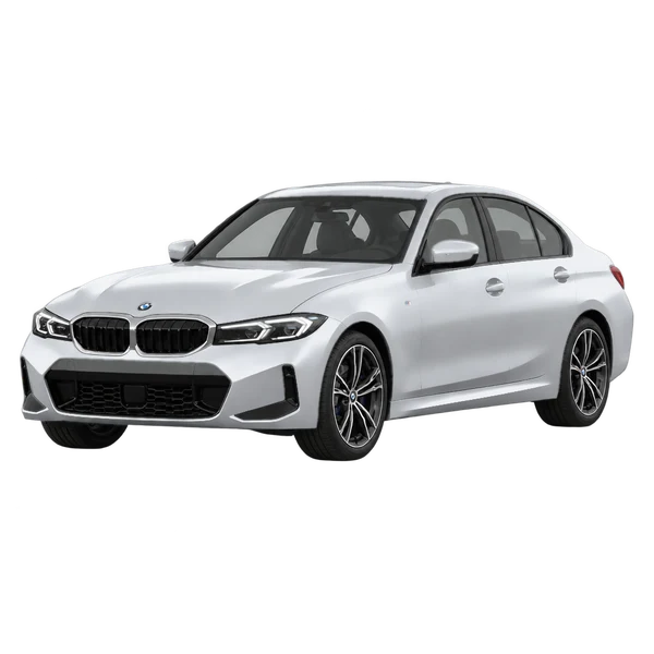 BMW 330i 2025 باللون فضي، منظر منظر أمامي بزاوية ثلاثة أرباع (متجه لليسار)