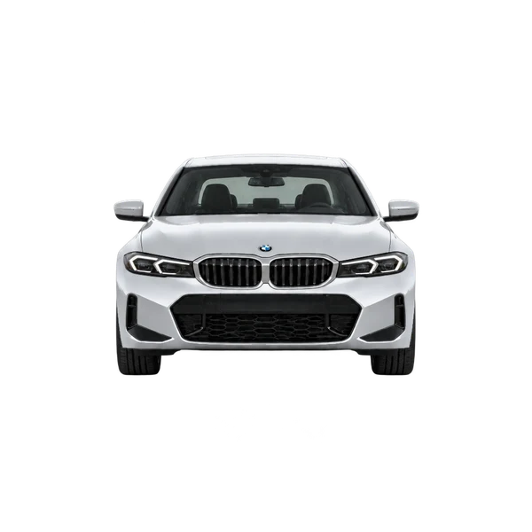 BMW 330i 2025 باللون فضي، منظر أمامي