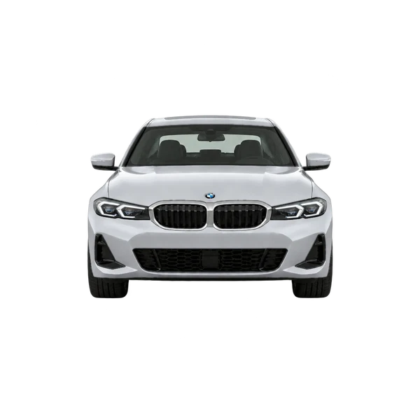 BMW 330i 2026 باللون فضي، منظر أمامي