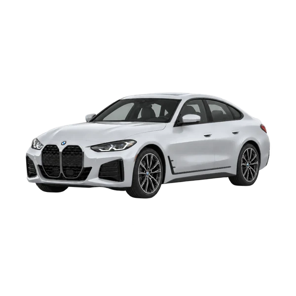 silver 2027 BMW 430i Gran Coupe front three-quarter (facing left) view