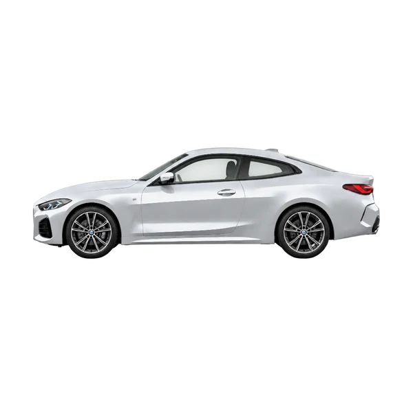 BMW 430i 2025 en plateado, vista lateral (mirando a la izquierda)