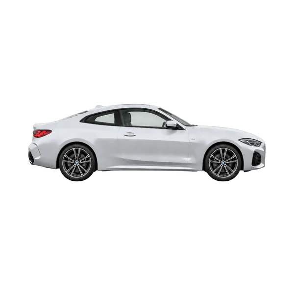 BMW 430i 2025 en plateado, vista lateral (hacia la derecha)