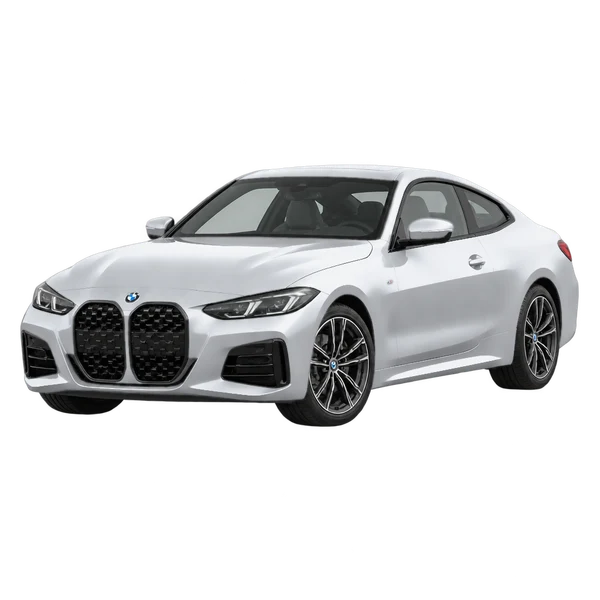 BMW 430i 2026 en plateado, vista frontal tres cuartos (hacia la izquierda)