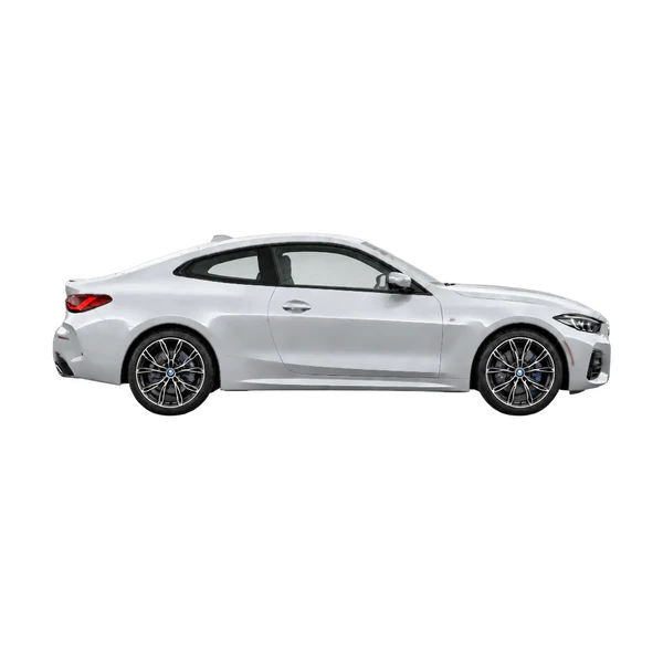 BMW 430i 2027 en plateado, vista lateral (hacia la derecha)