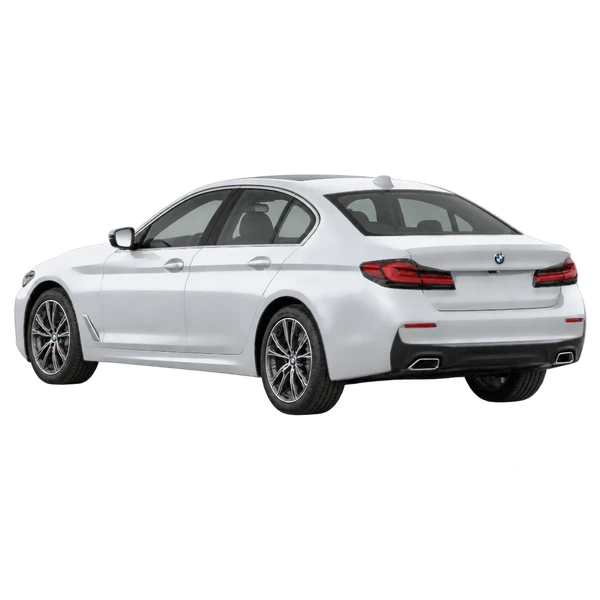 シルバーの2021 BMW 5 Series（リア斜め（左向き）ビュー）