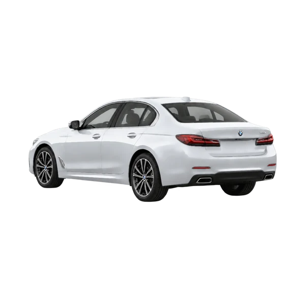 silver 2027 BMW 530i rear three-quarter (facing left) view