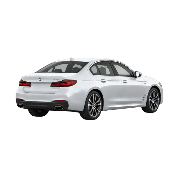 silver 2027 BMW 530i rear three-quarter (facing right) view