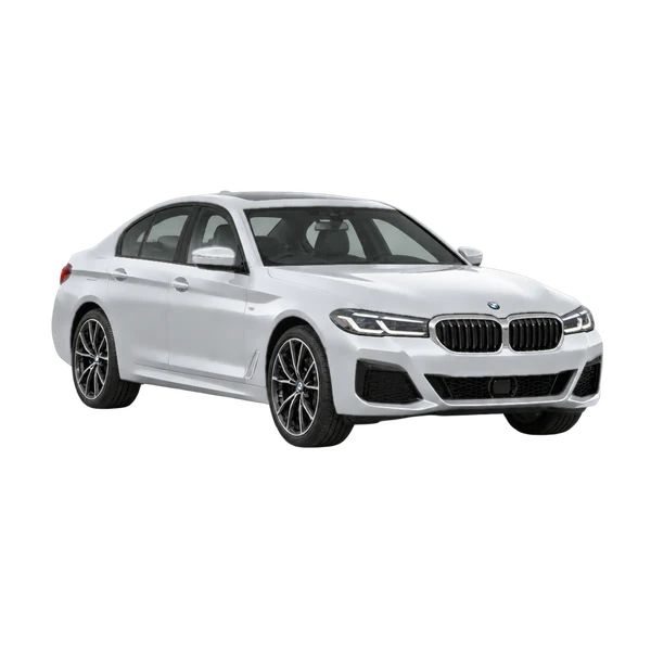 シルバーの2023 BMW 540i（フロントスリークォーター（右向き）ビュー）