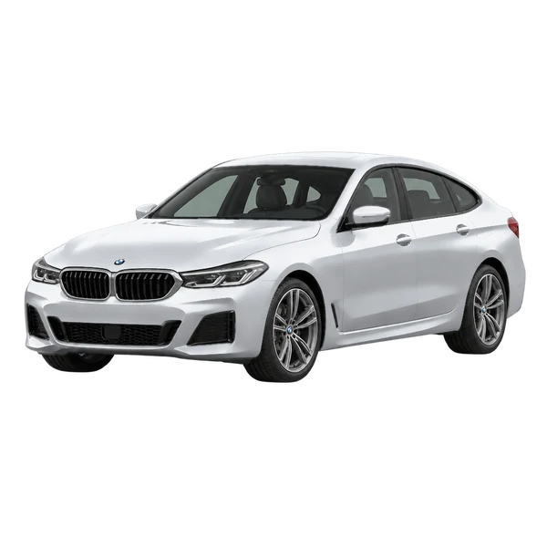 BMW 6 Series 2021 باللون فضي، منظر منظر أمامي بزاوية ثلاثة أرباع (متجه لليسار)