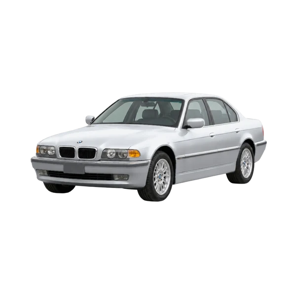 BMW 7 Series 2001 باللون فضي، منظر منظر أمامي بزاوية ثلاثة أرباع (متجه لليسار)