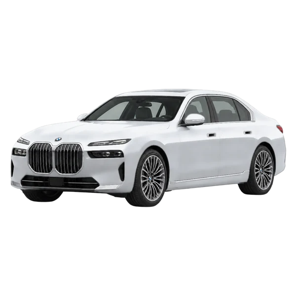 silver 2023 BMW 7 Series front three-quarter (facing left) view