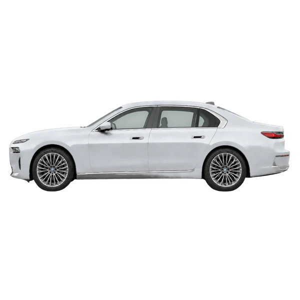BMW 7 Series 2025 en plateado, vista lateral (mirando a la izquierda)
