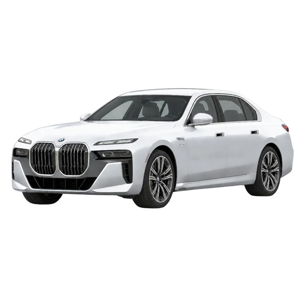 2026 BMW 740i in Silber, Ansicht: Dreiviertelansicht vorne (nach links gerichtet)