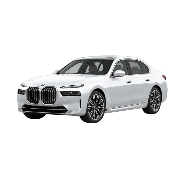 silver 2027 BMW 740i front three-quarter (facing left) view