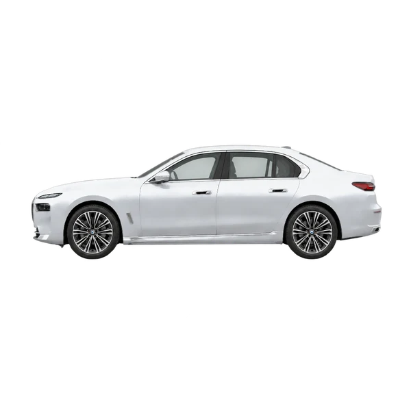 2027 BMW 740i in Silber, Ansicht: Seite (nach links gerichtet)