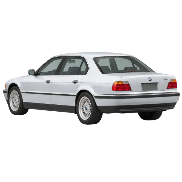 silver 1997 BMW 740iL rear three-quarter (facing left) view