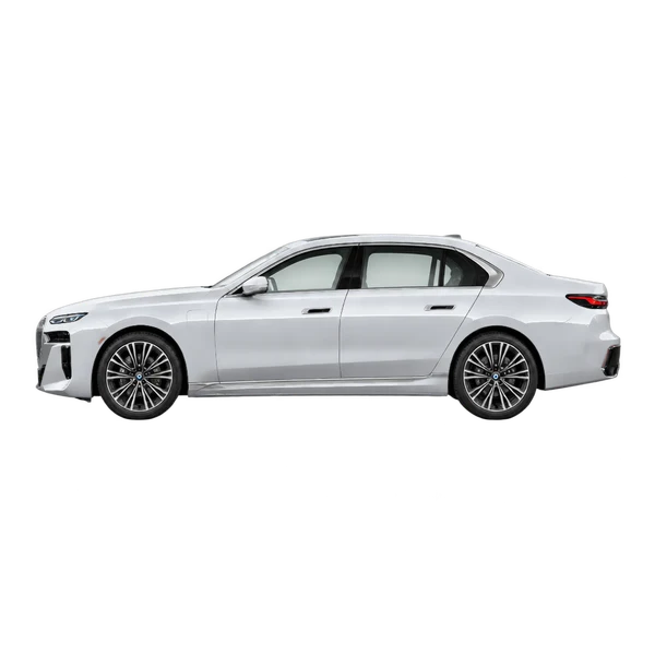 BMW 750E Xdrive 2023 en plateado, vista lateral (mirando a la izquierda)