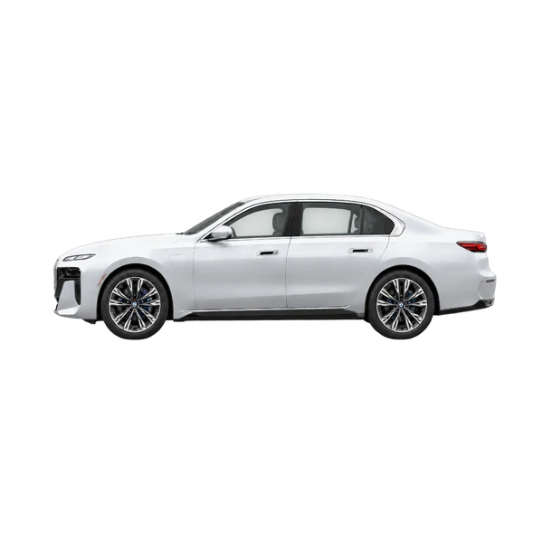 BMW 750E Xdrive 2026 en plateado, vista lateral (mirando a la izquierda)