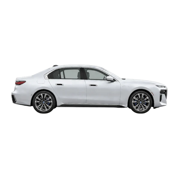 BMW 750E Xdrive 2026 en plateado, vista lateral (hacia la derecha)