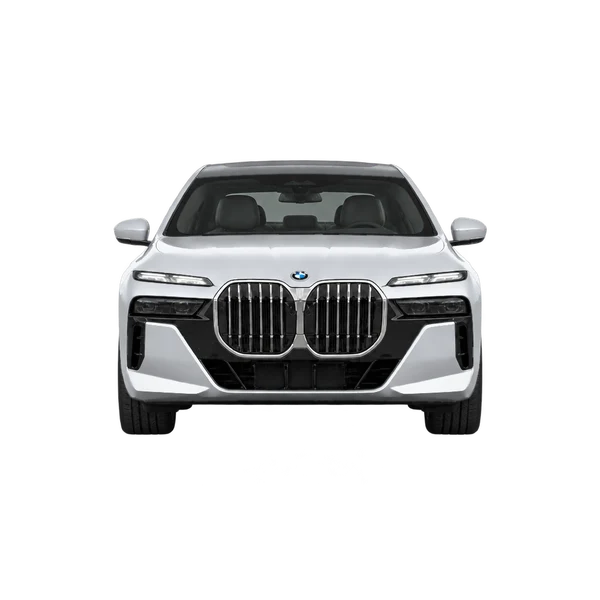 BMW 750e 2025 en plateado, vista frontal