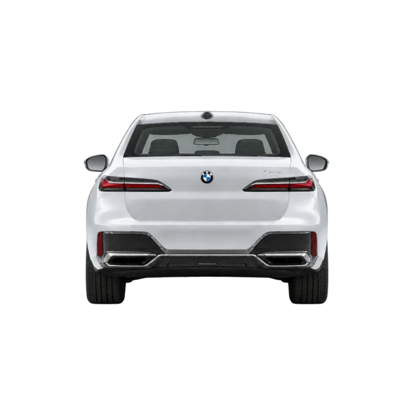 BMW 750e 2025 en plateado, vista trasera