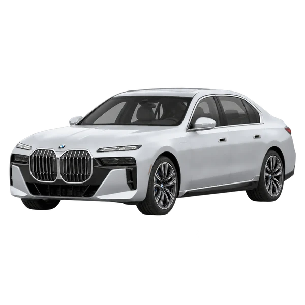 シルバーの2026 BMW 750e(フロントスリークォーター(左向き)ビュー)