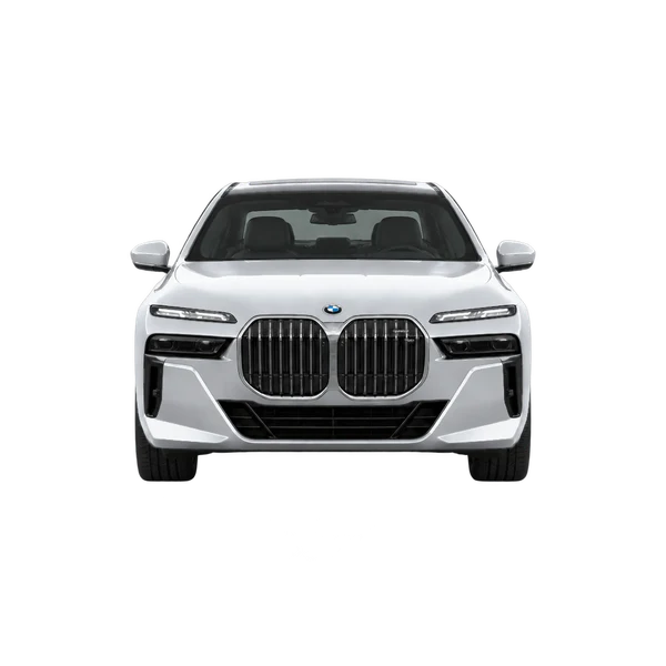 シルバーの2026 BMW 750e(正面ビュー)