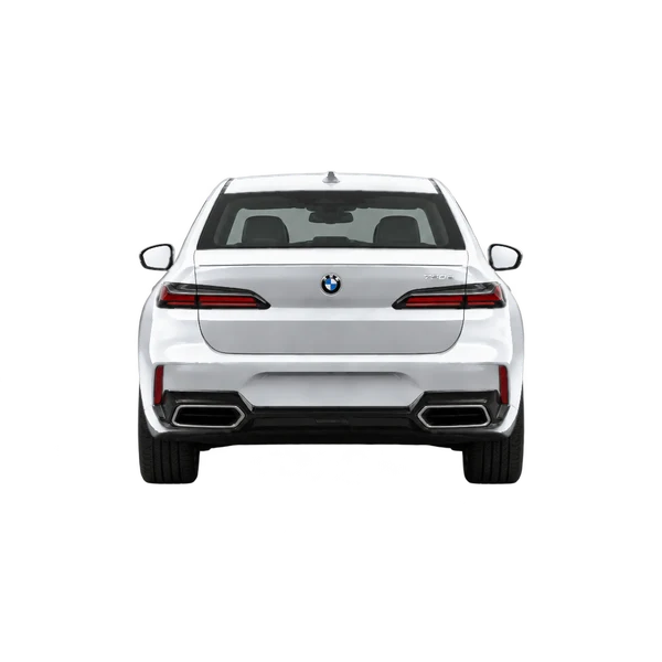 シルバーの2026 BMW 750e(リアビュー)