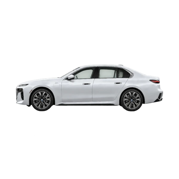 シルバーの2026 BMW 750e(側面(左向き)ビュー)