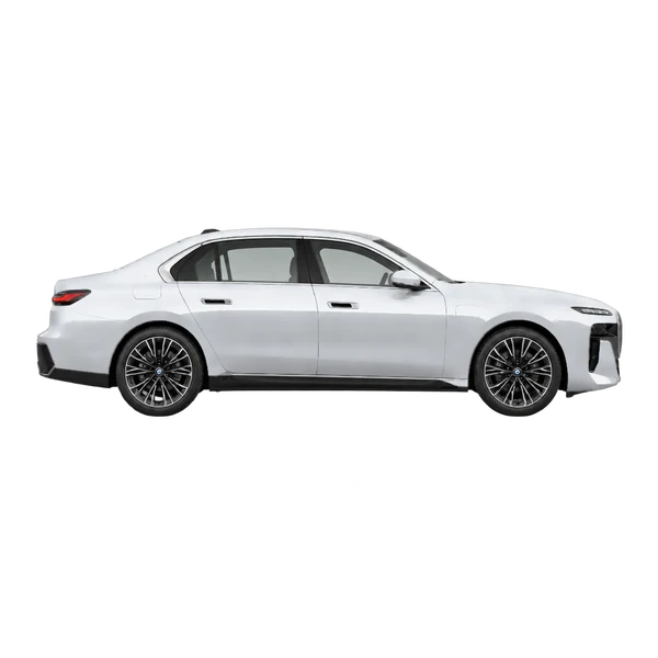 シルバーの2026 BMW 750e(側面(右向き)ビュー)