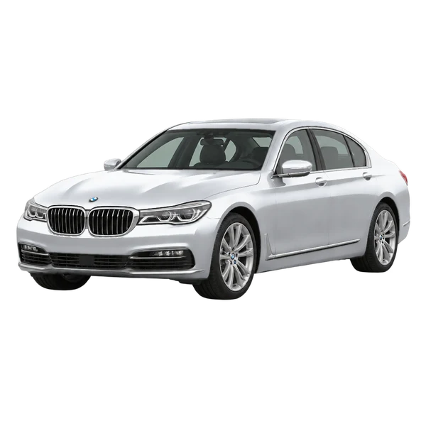 BMW 750i 2016 باللون فضي، منظر منظر أمامي بزاوية ثلاثة أرباع (متجه لليسار)