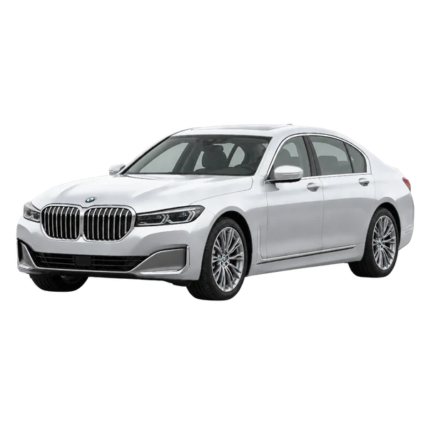 BMW 750i 2020 باللون فضي، منظر منظر أمامي بزاوية ثلاثة أرباع (متجه لليسار)