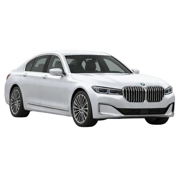 BMW 750i 2021 باللون فضي، منظر منظر أمامي بزاوية ثلاثة أرباع (متجه لليسار)