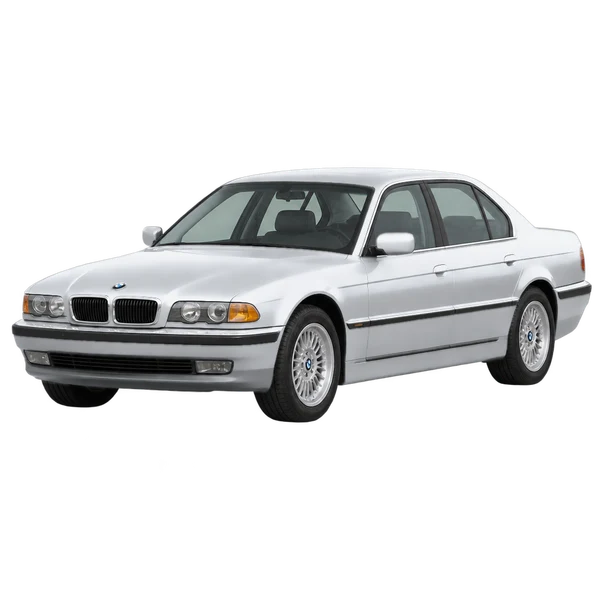 BMW 750iL 1998 prata, vista dianteira em três quartos (voltada para a esquerda)