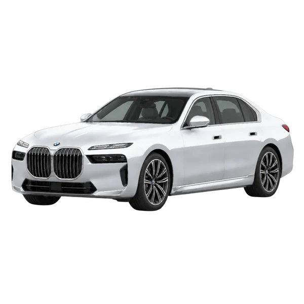 BMW 760i 2023 en plateado, vista frontal tres cuartos (hacia la izquierda)