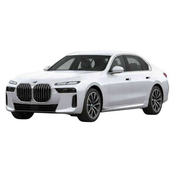BMW 760i 2024 en plateado, vista frontal tres cuartos (hacia la izquierda)