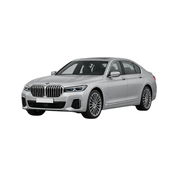 BMW B7 2021 باللون فضي، منظر منظر أمامي بزاوية ثلاثة أرباع (متجه لليسار)