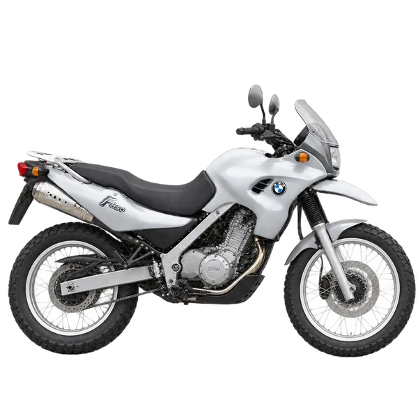 BMW F 650 2001 en plateado, vista lateral (hacia la derecha)