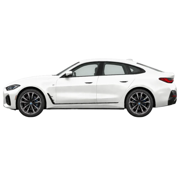 BMW i4 2025 باللون أبيض، منظر جانبي (متجه إلى اليسار)