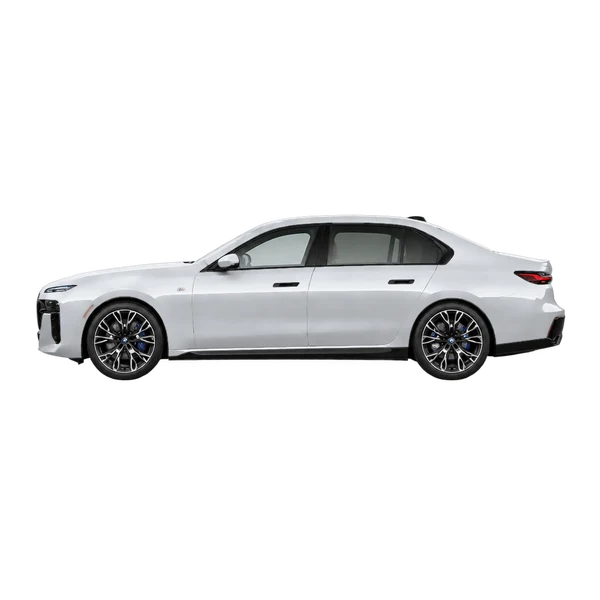 BMW I7 M70 Xdrive 2026 argent, vue côté (vers la gauche)